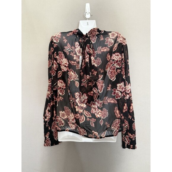 NY&Co Sheer Floral Blouse Medium Front Back Tie Neck  Fall Tones Ruched Sleeves - Picture 11 of 15